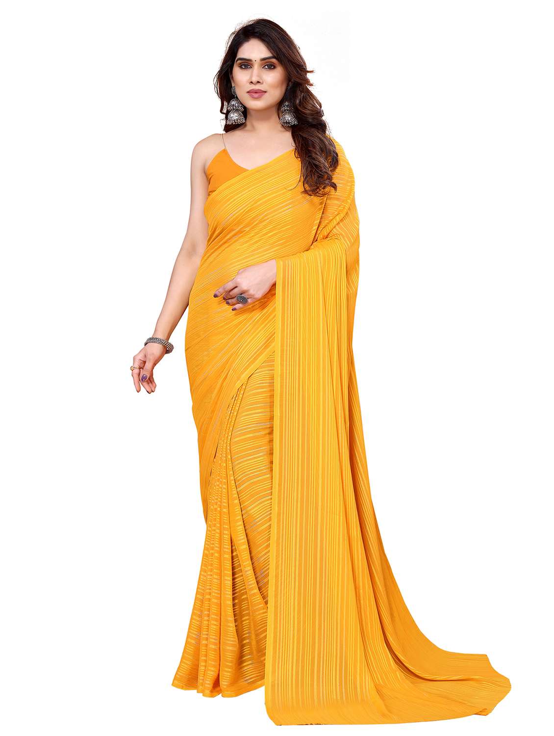 women striped plain saree with blouse