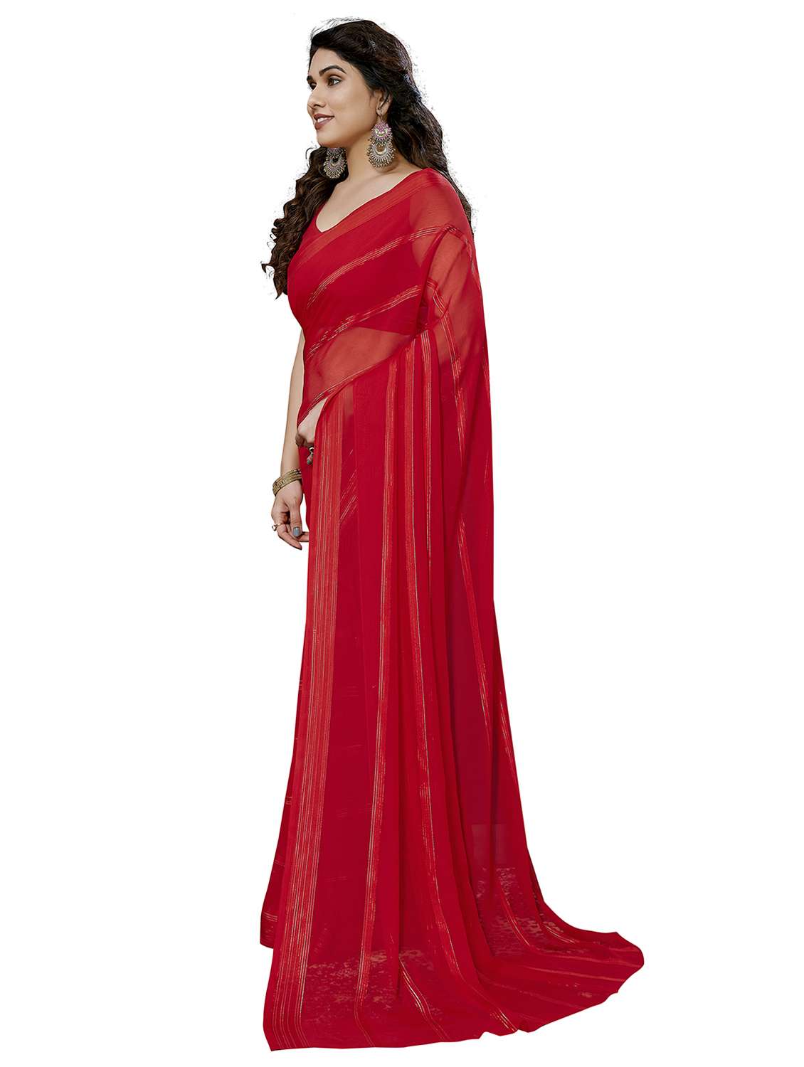 women striped plain saree with blouse - 22050251 -  Standard Image - 2