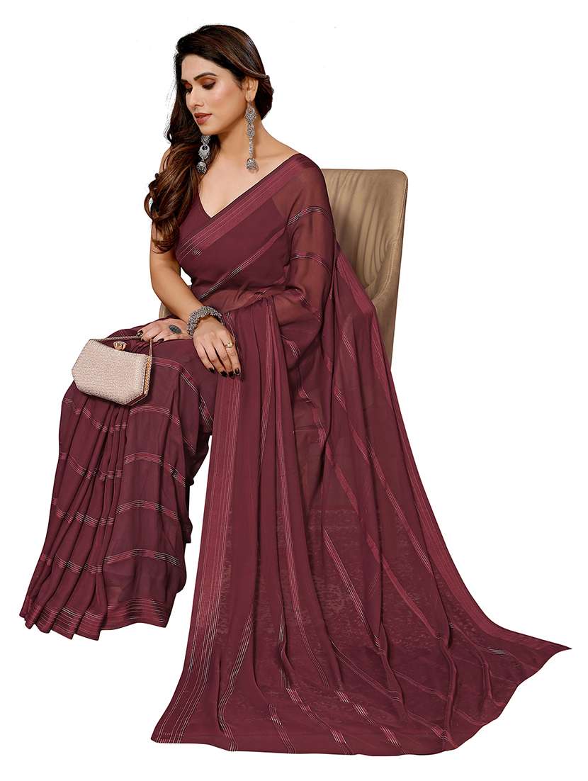 women striped plain saree with blouse - 22050252 -  Standard Image - 2