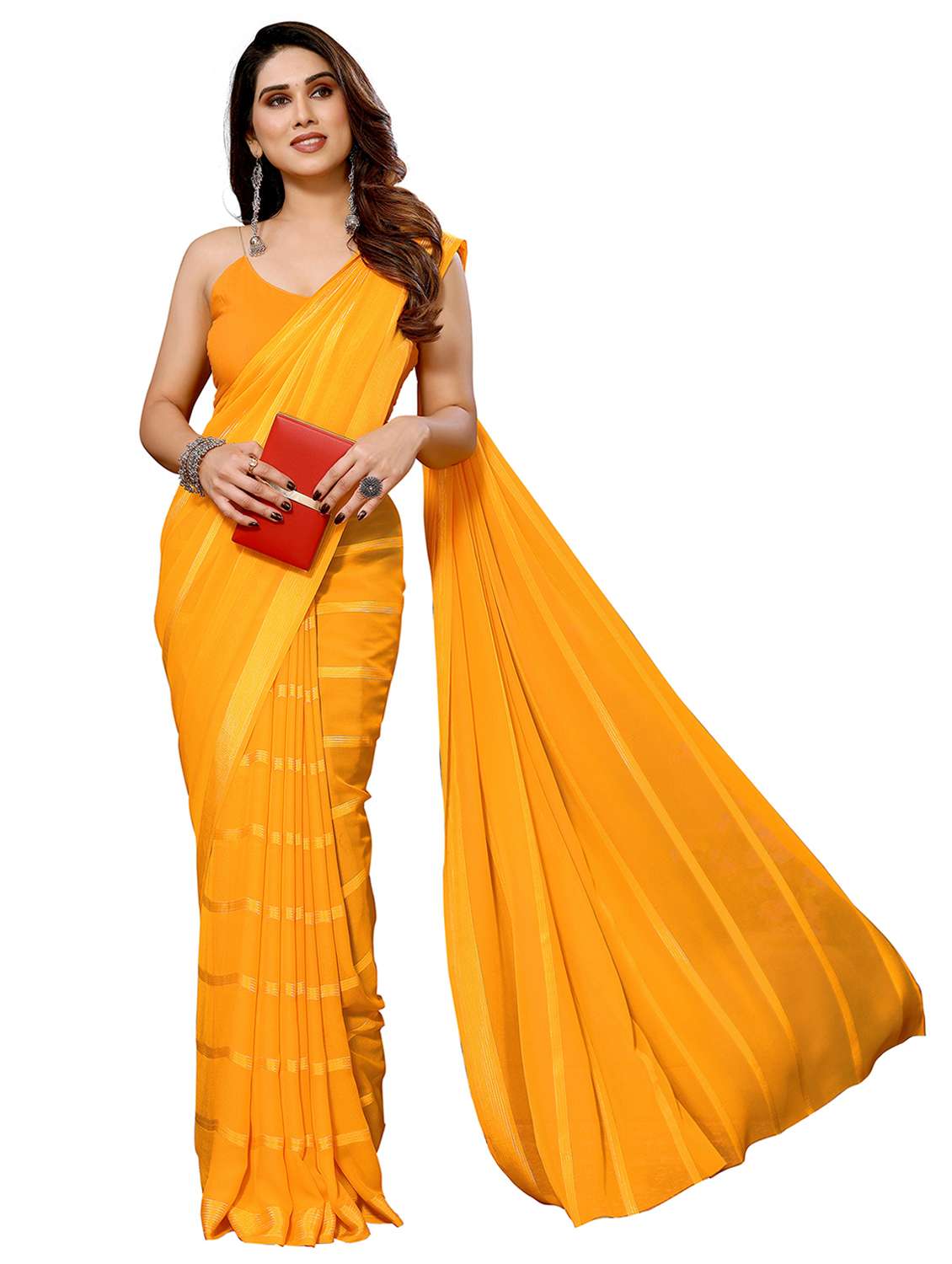 women striped plain saree with blouse - 22050253 -  Standard Image - 2