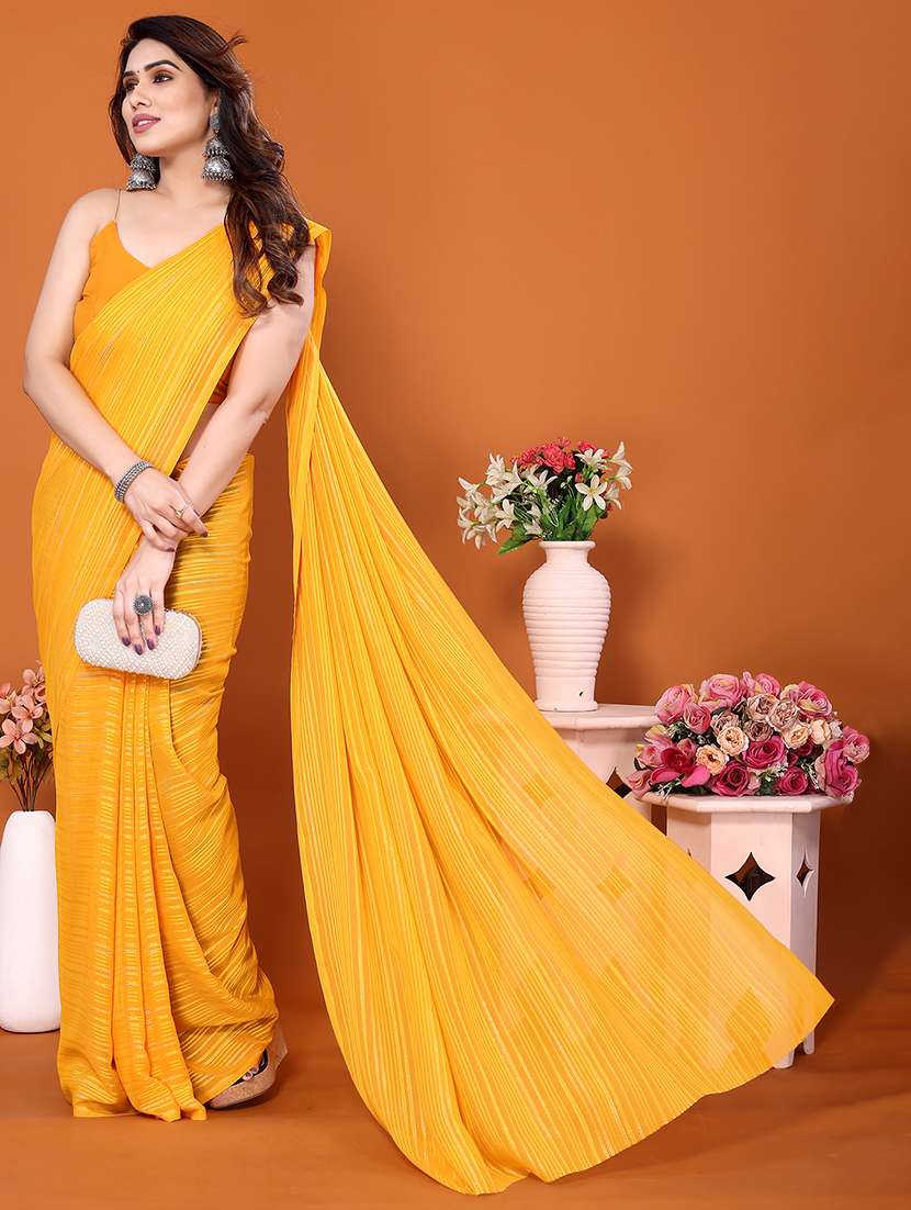 women striped plain saree with blouse - 22050313 - Standard Image - 2