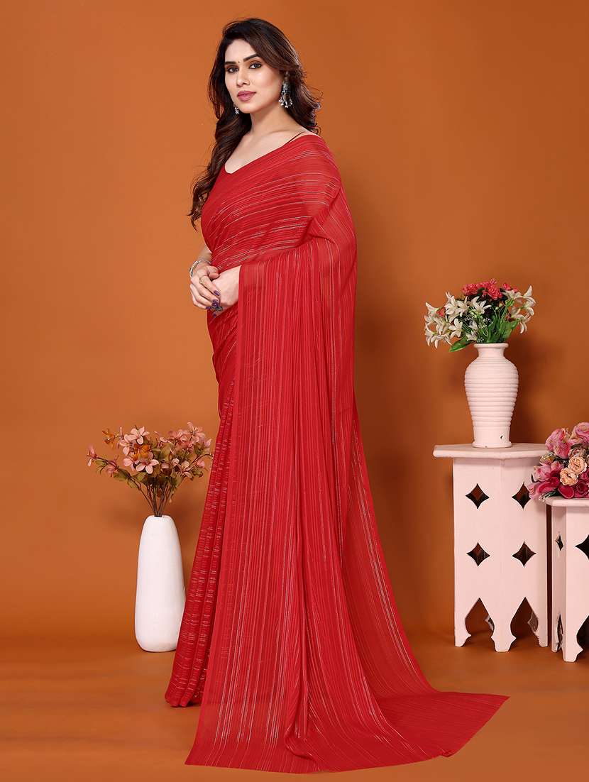 women striped plain saree with blouse - 22050314 -  Standard Image - 2