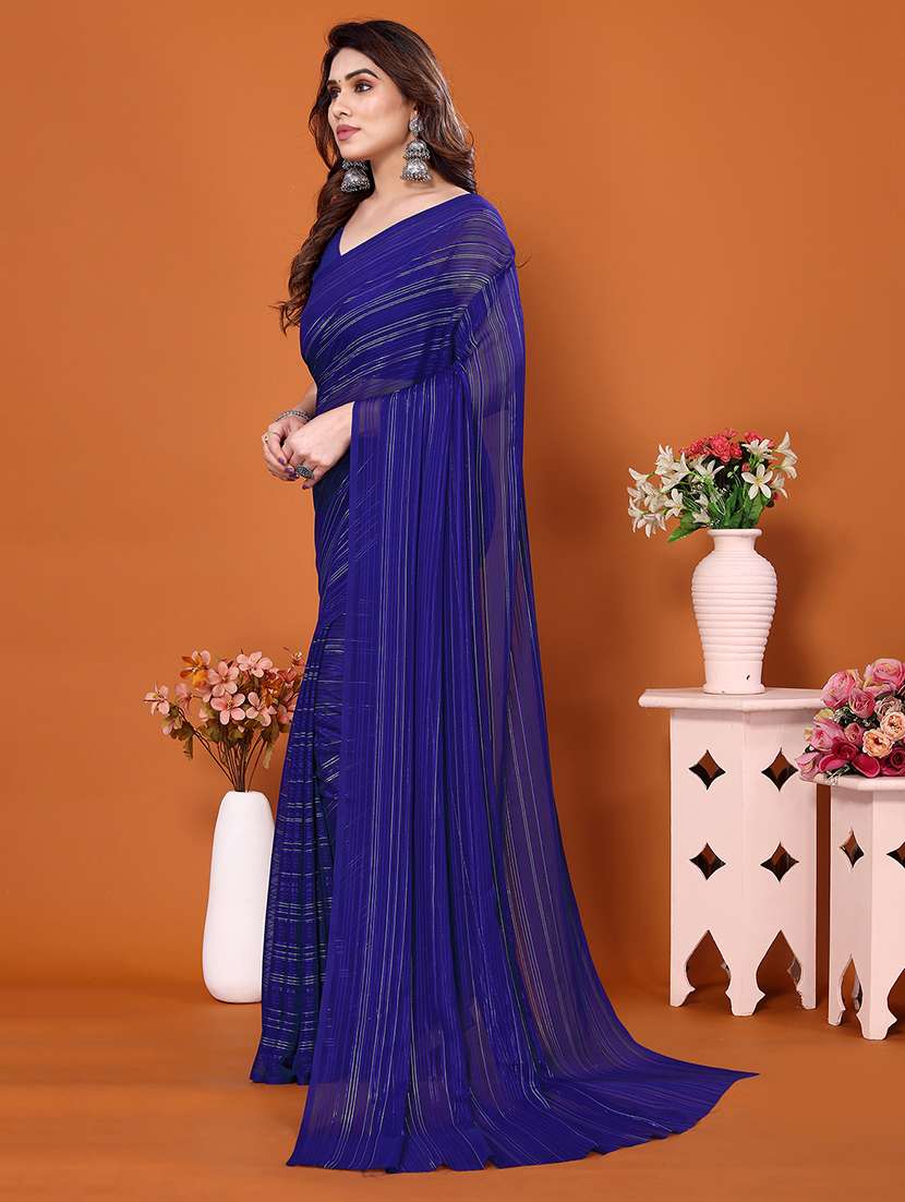 women striped plain saree with blouse - 22050316 - Standard Image - 2