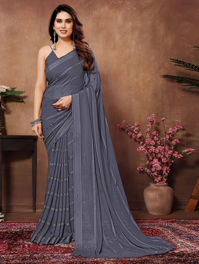 women striped plain saree with blouse