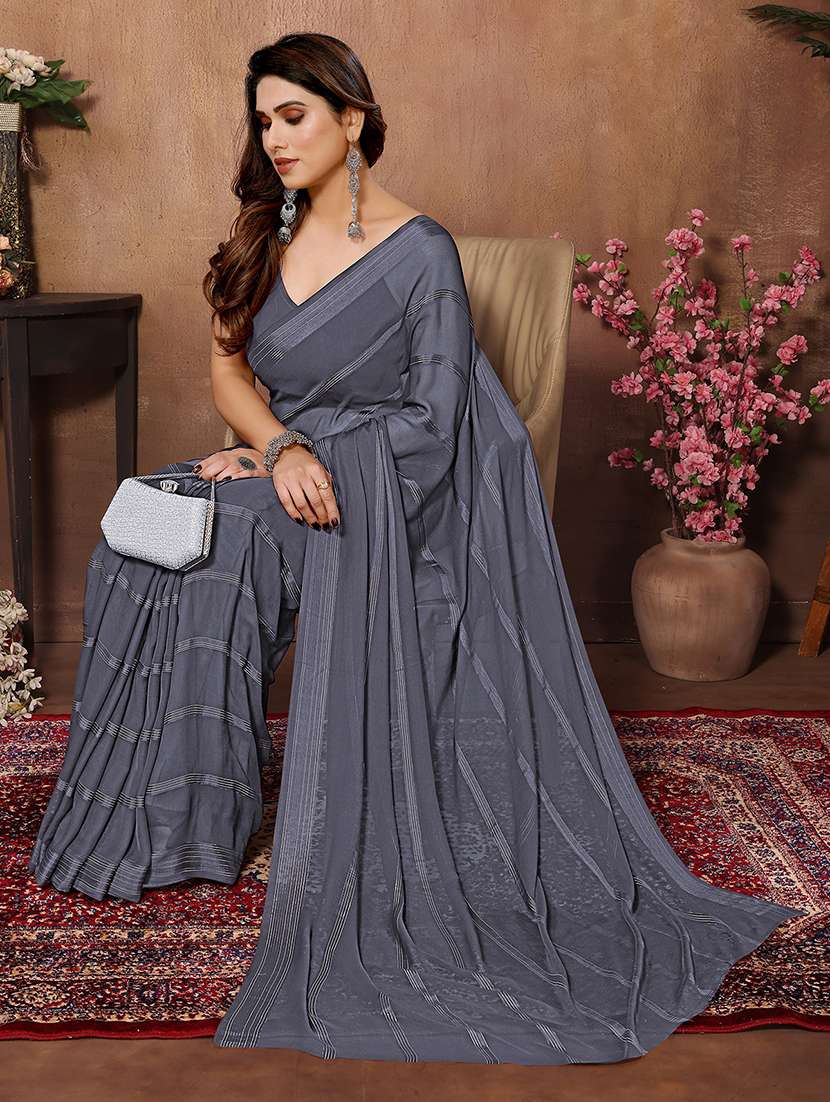 women striped plain saree with blouse - 22050325 - Standard Image - 2