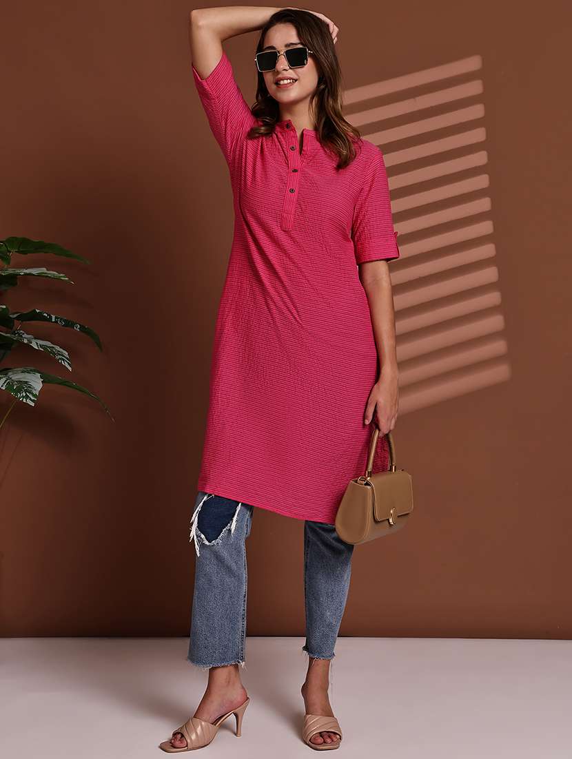 women striped roll up sleeve straight kurta