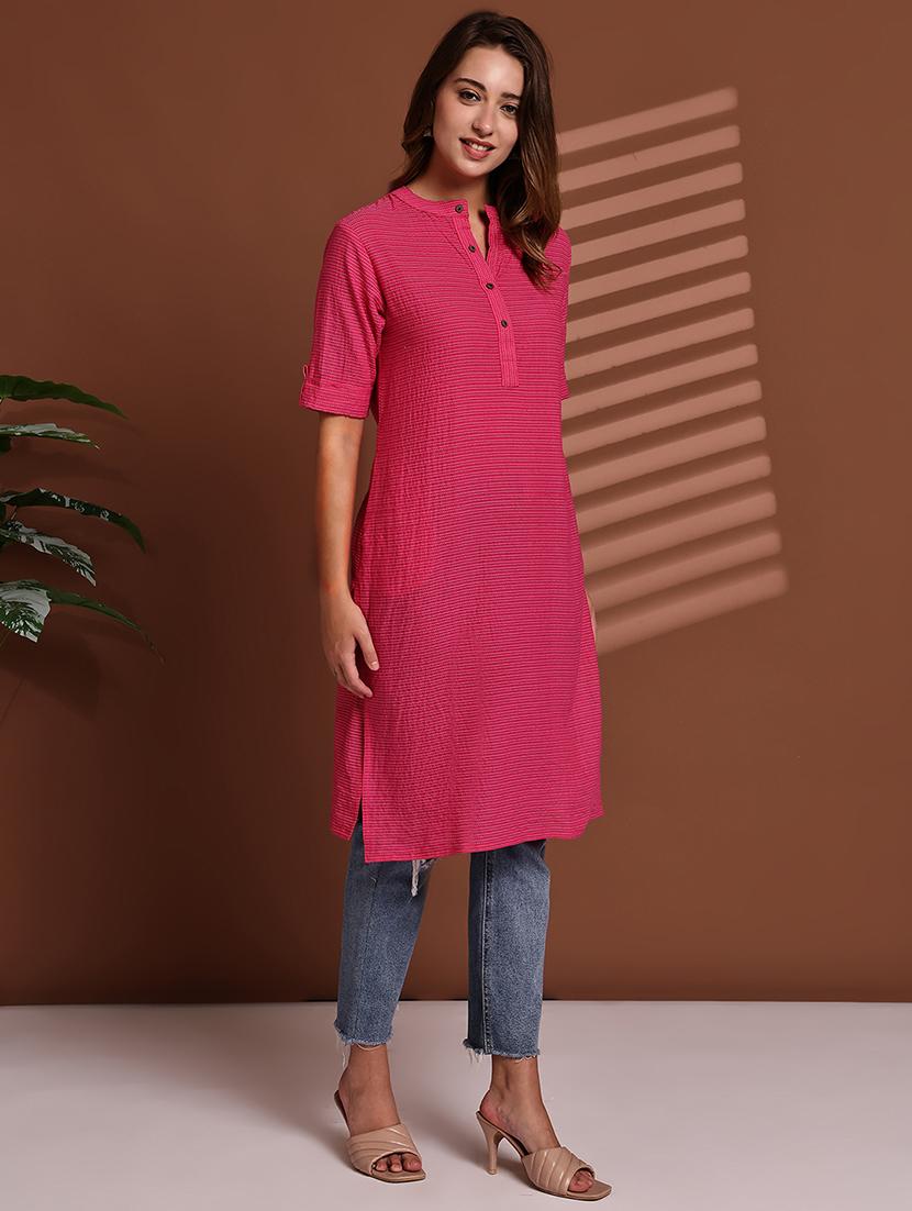 women striped roll up sleeve straight kurta - 22051694 - Standard Image - 2