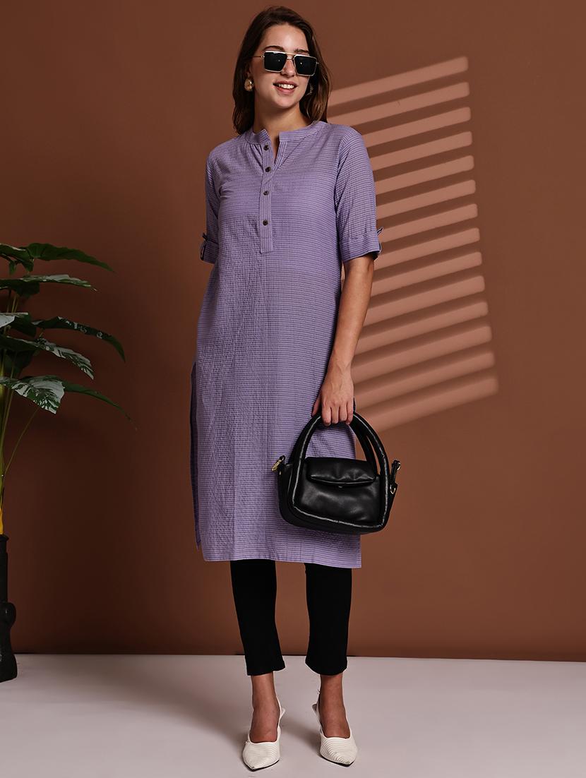 women striped roll up sleeve straight kurta - 22051695 - Zoom Image - 0