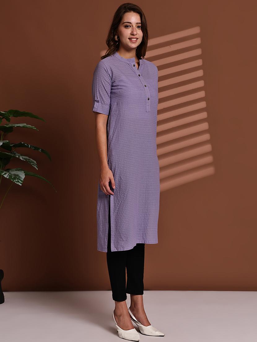 women striped roll up sleeve straight kurta - 22051695 - Standard Image - 2