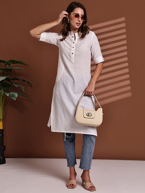 women striped roll up sleeve straight kurta - 22051696 - Standard Image - 0