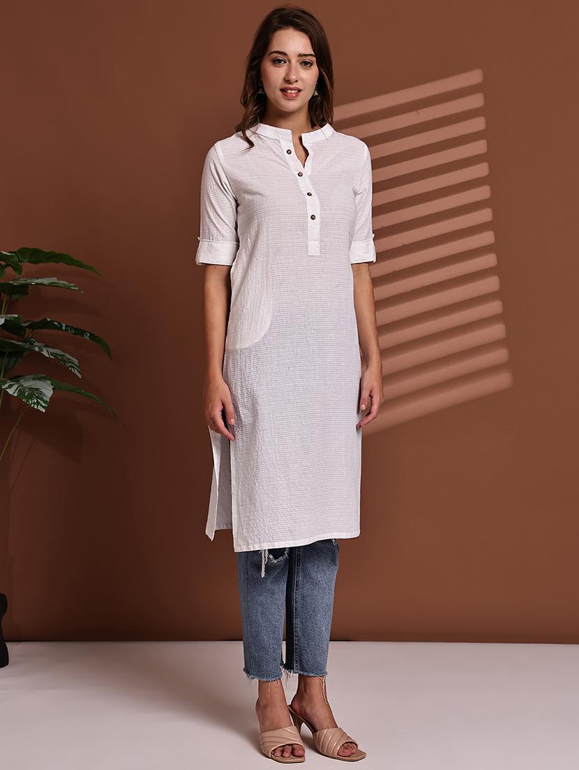 women striped roll up sleeve straight kurta - 22051696 - Standard Image - 2