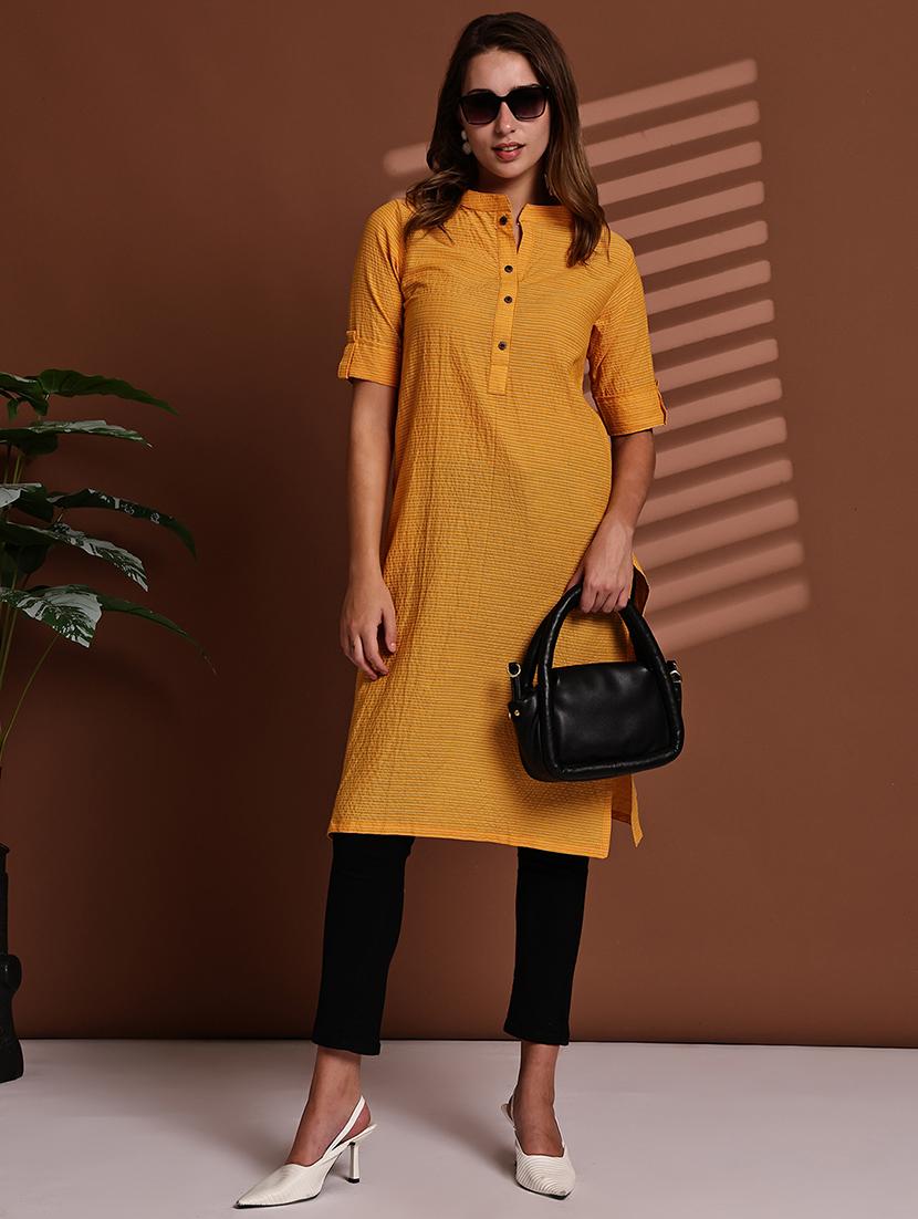 women striped roll up sleeve straight kurta - 22051697 - Zoom Image - 0