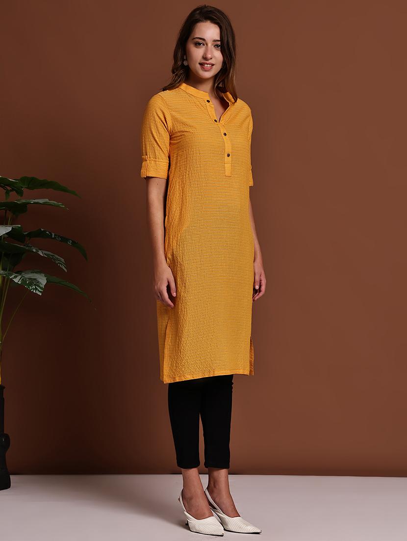 women striped roll up sleeve straight kurta - 22051697 - Standard Image - 2
