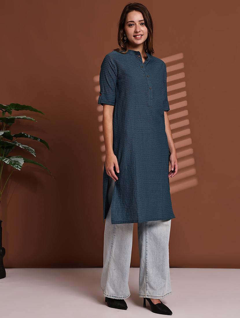 women striped roll up sleeve straight kurta - 22051698 - Standard Image - 2