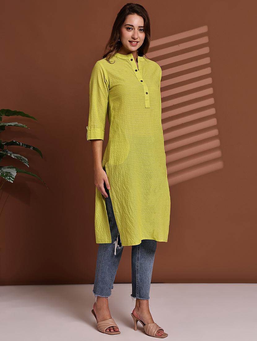 women striped roll up sleeve straight kurta - 22051699 - Standard Image - 2