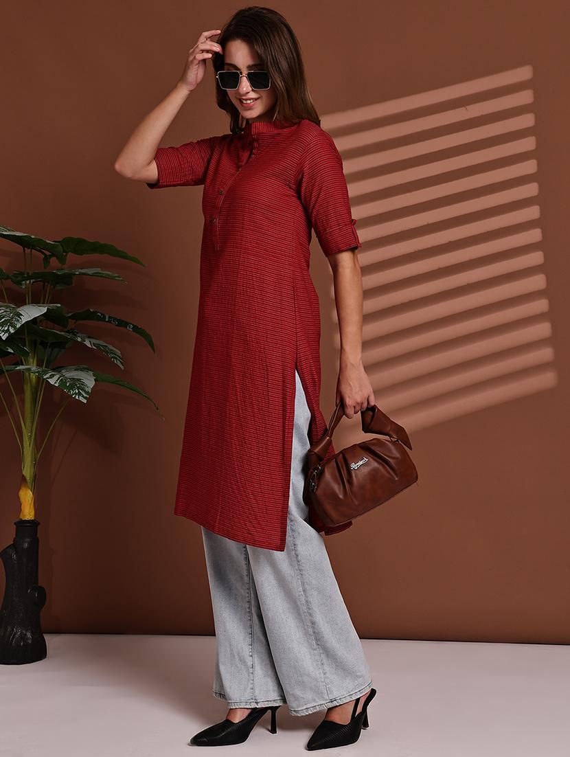 women striped roll up sleeve straight kurta - 22051700 - Standard Image - 2
