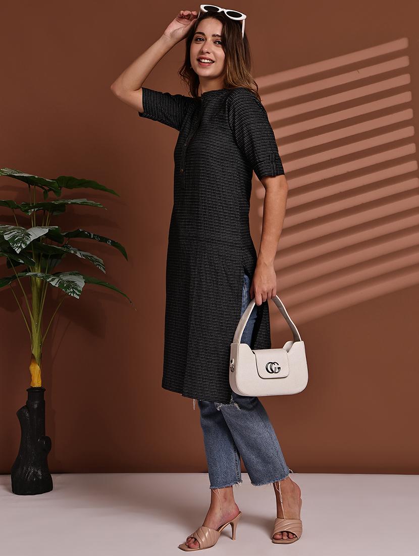 women striped roll up sleeve straight kurta - 22051701 - Zoom Image - 0