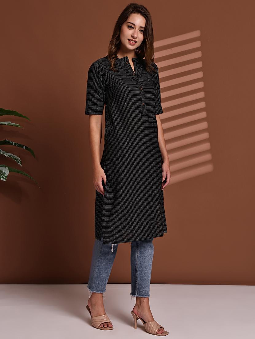 women striped roll up sleeve straight kurta - 22051701 - Standard Image - 2