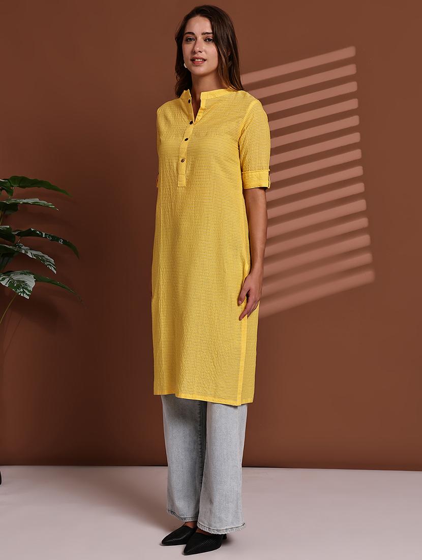 women striped roll up sleeve straight kurta - 22051702 - Standard Image - 2