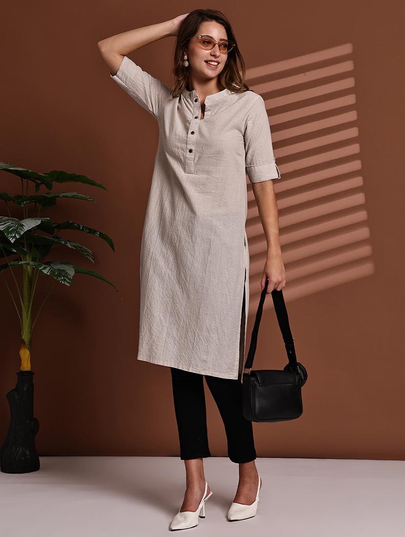 women striped roll up sleeve straight kurta