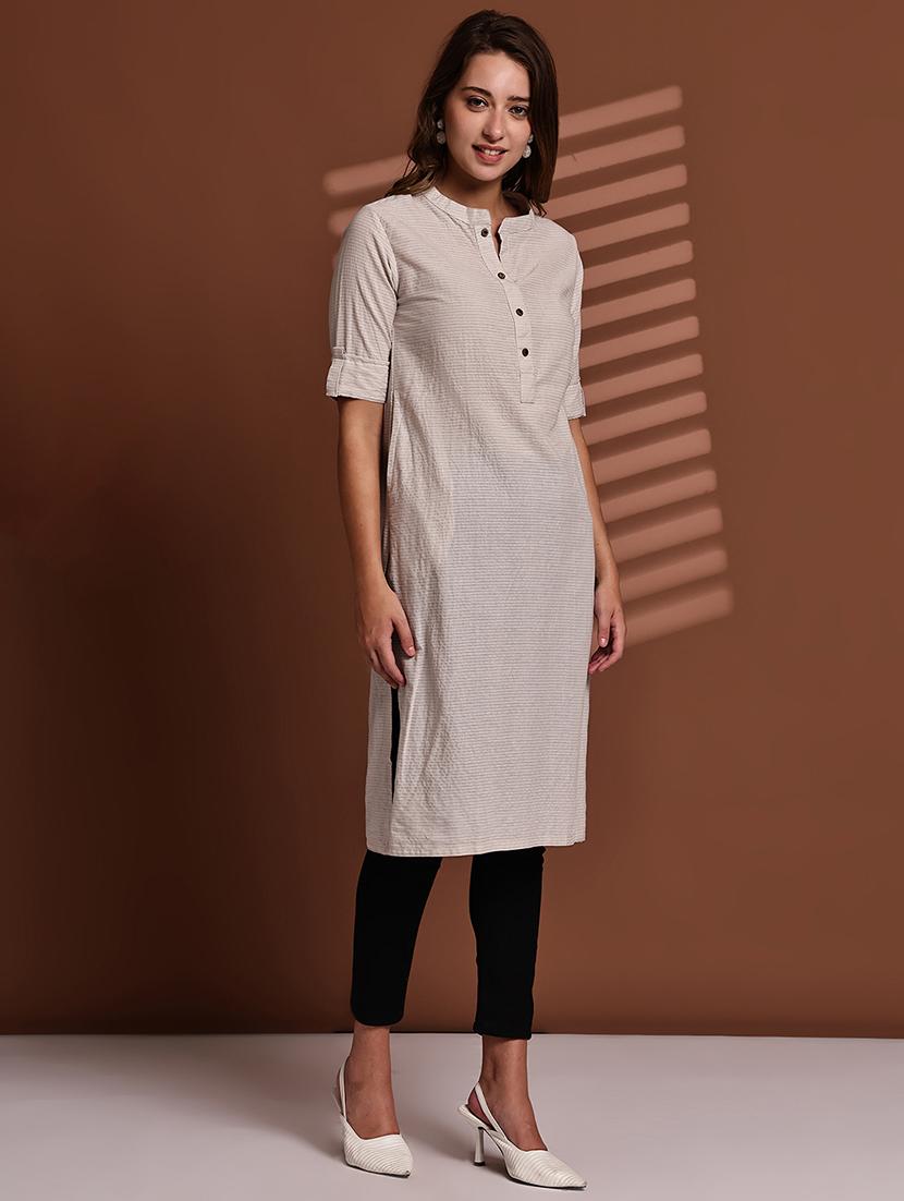 women striped roll up sleeve straight kurta - 22051703 - Standard Image - 2