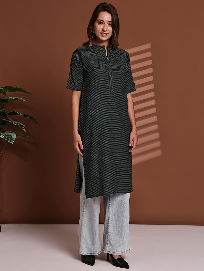 women striped roll up sleeve straight kurta - 22051704 - Standard Image - 2