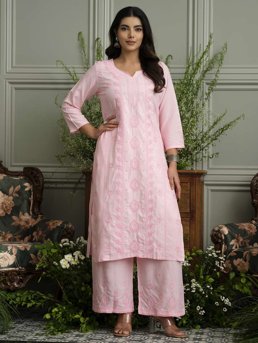 women solid with work three quarter sleeve kurta palazzo set