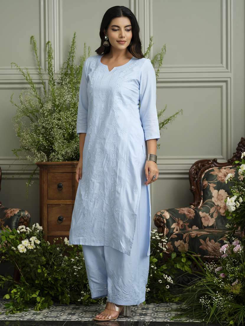 women solid with work three quarter sleeve kurta palazzo set  - 22051755 -  Standard Image - 2