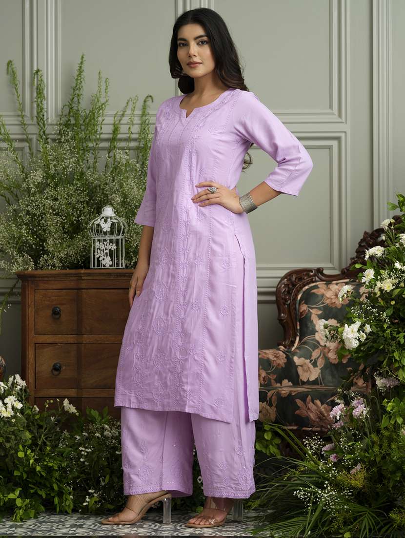 women solid with work three quarter sleeve kurta palazzo set - 22051756 -  Standard Image - 2