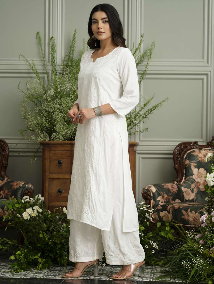 women solid with work three quarter sleeve kurta palazzo set - 22051757 -  Standard Image - 2