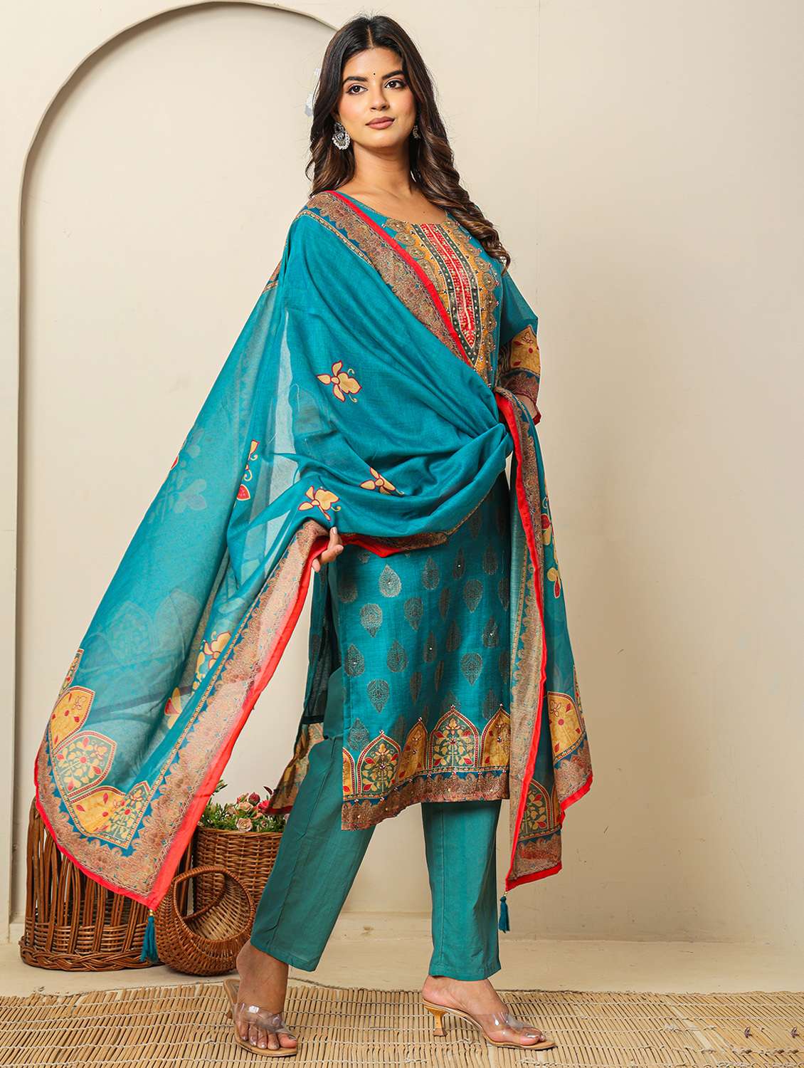 women three quarter sleeve kurta pant with dupatta set - 22051761 -  Standard Image - 2