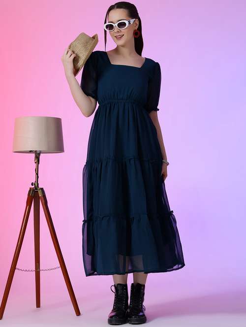 women solid puff sleeve tiered maxi dress - 22051781 -  Standard Image - 0