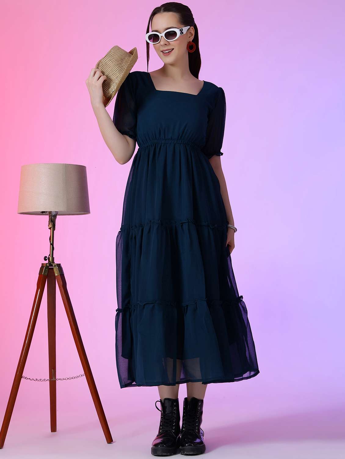 women solid puff sleeve tiered maxi dress