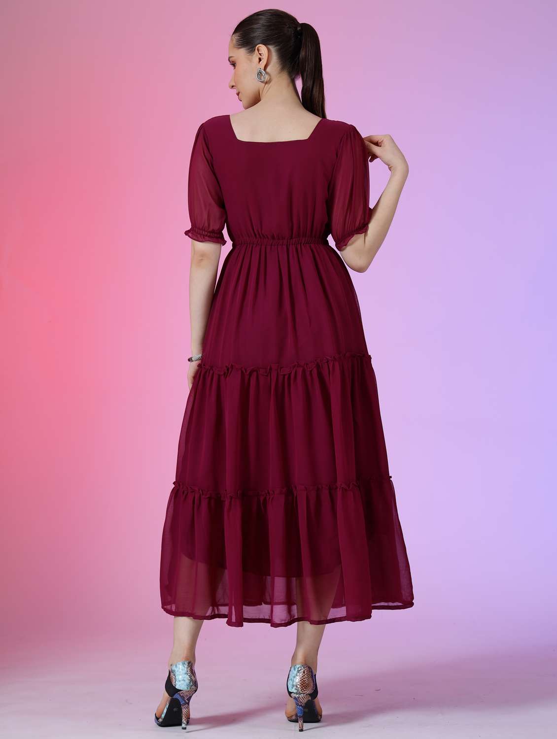 women solid puff sleeve tiered maxi dress - 22051782 -  Standard Image - 2