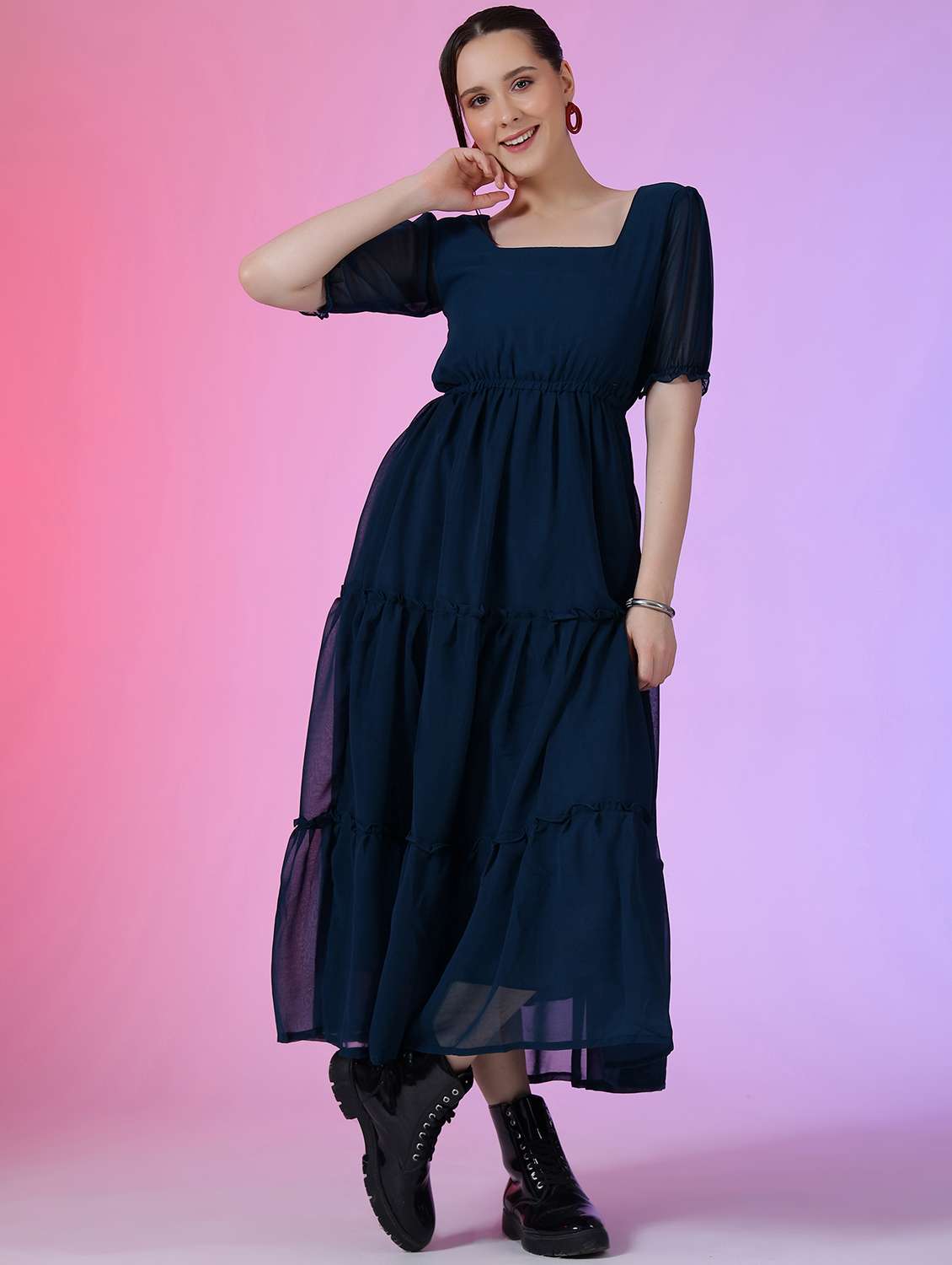 women solid puff sleeve tiered maxi dress