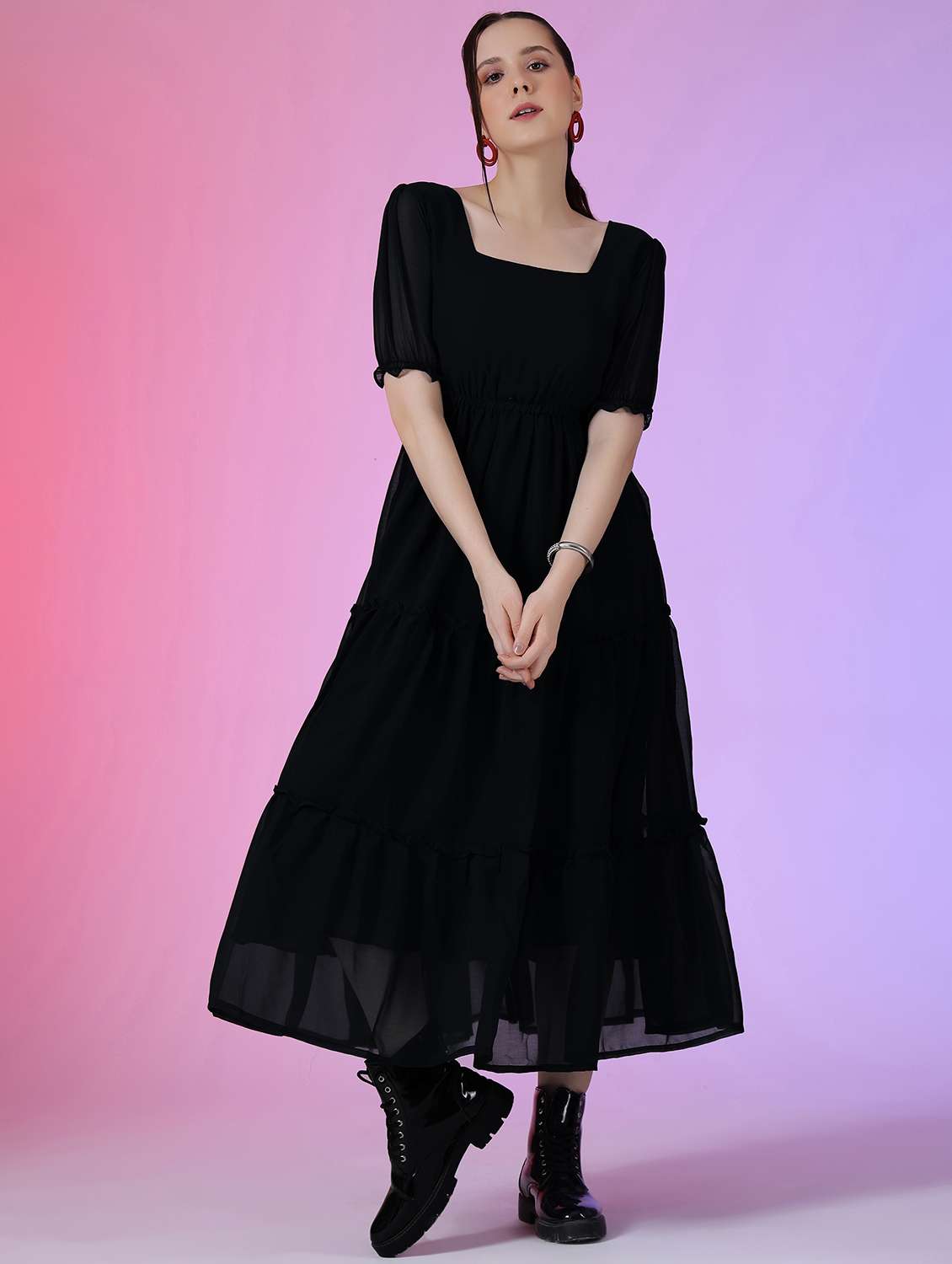 women solid puff sleeve tiered dress