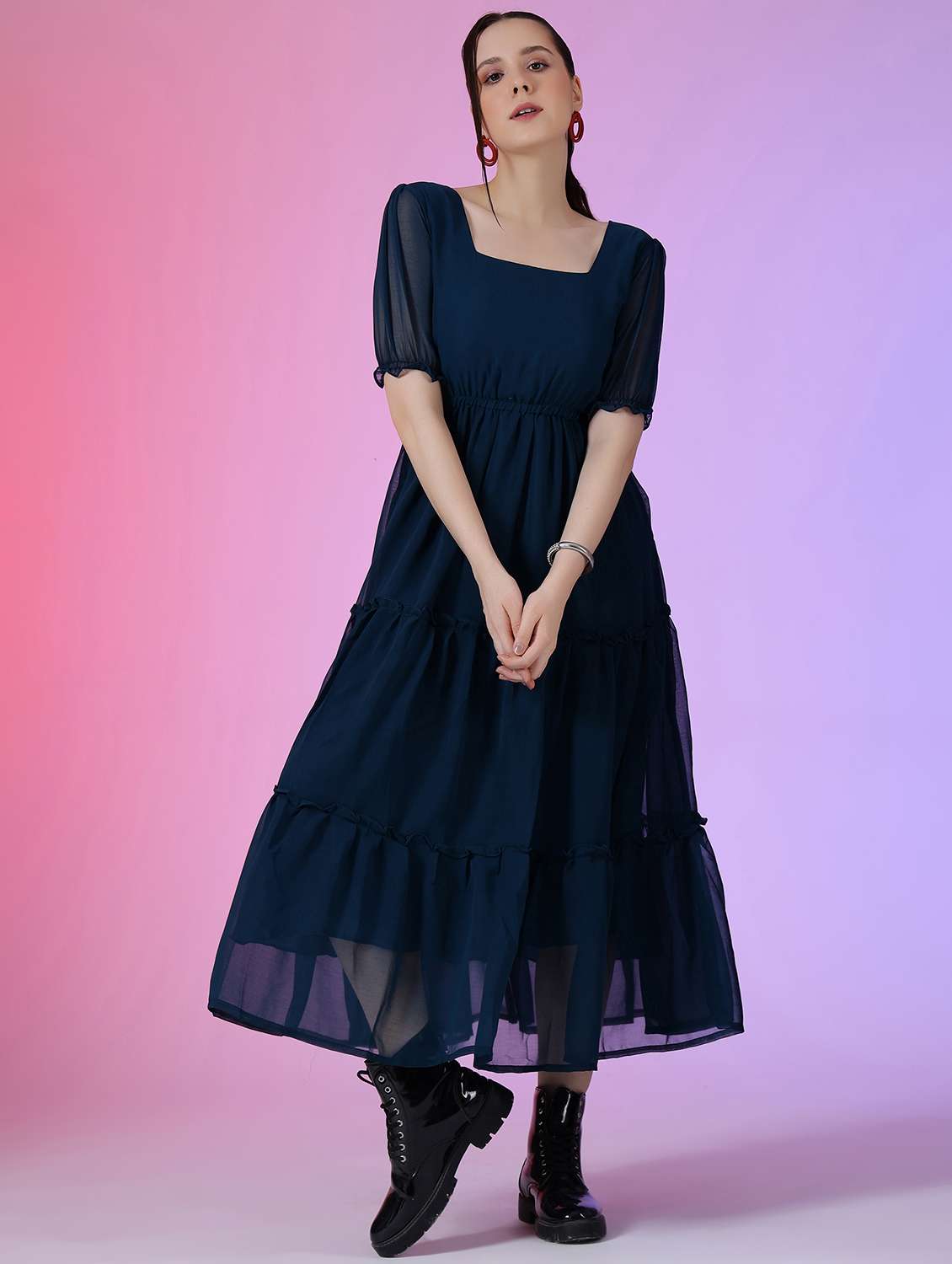 women solid puff sleeve tiered dress