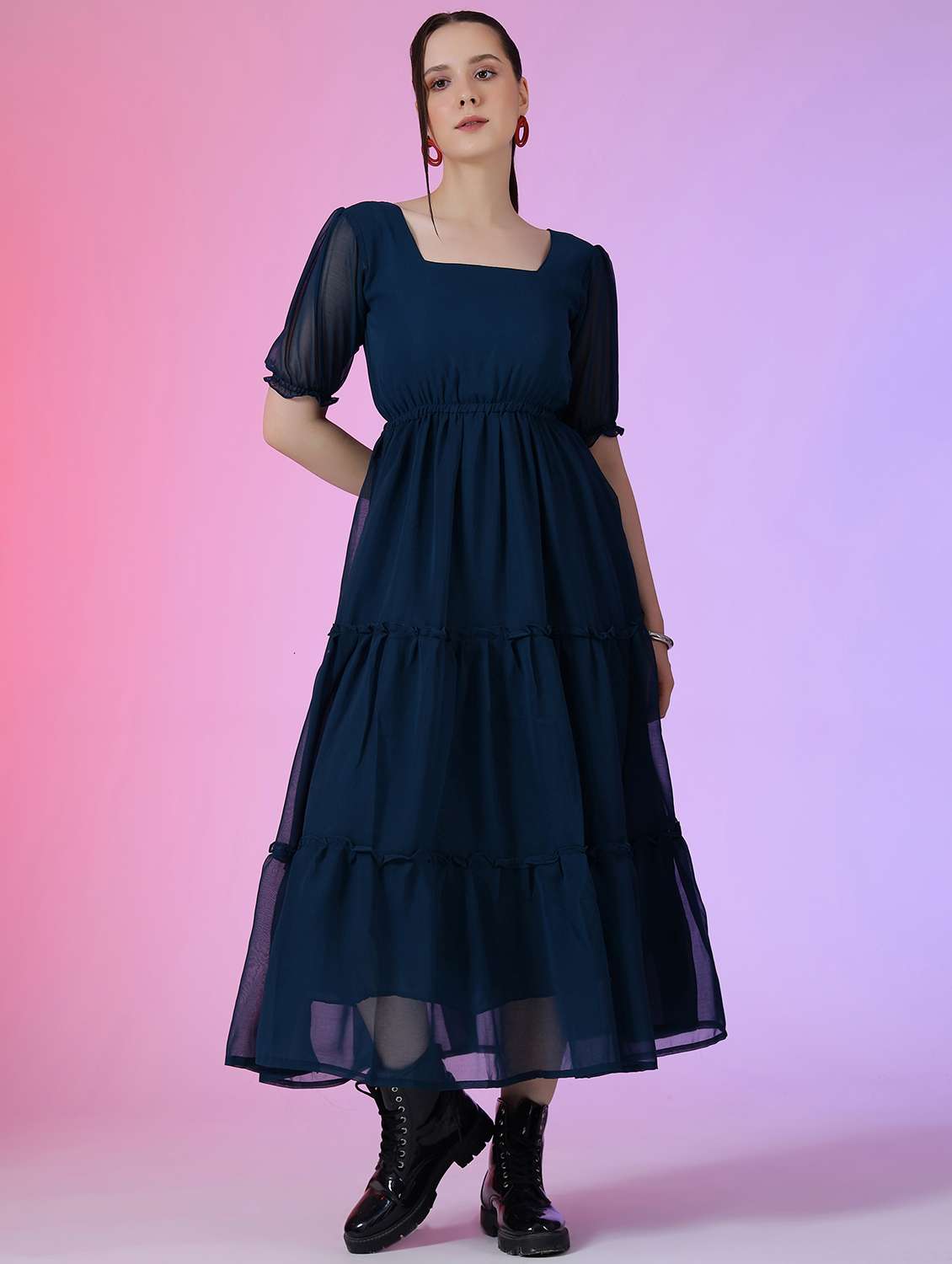 women solid puff sleeve tiered dress