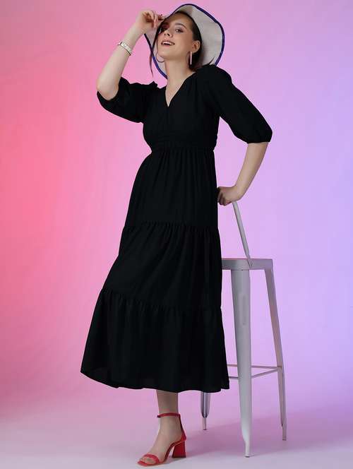 women solid puff sleeve tiered dress - 22051799 -  Standard Image - 0