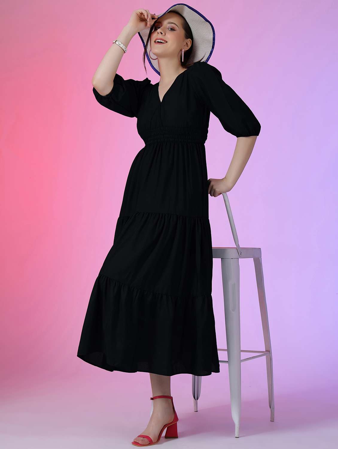 women solid puff sleeve tiered dress - 22051799 -  Zoom Image - 0