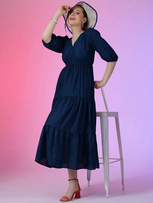 women solid puff sleeve tiered dress - 22051800 - Standard Image - 0