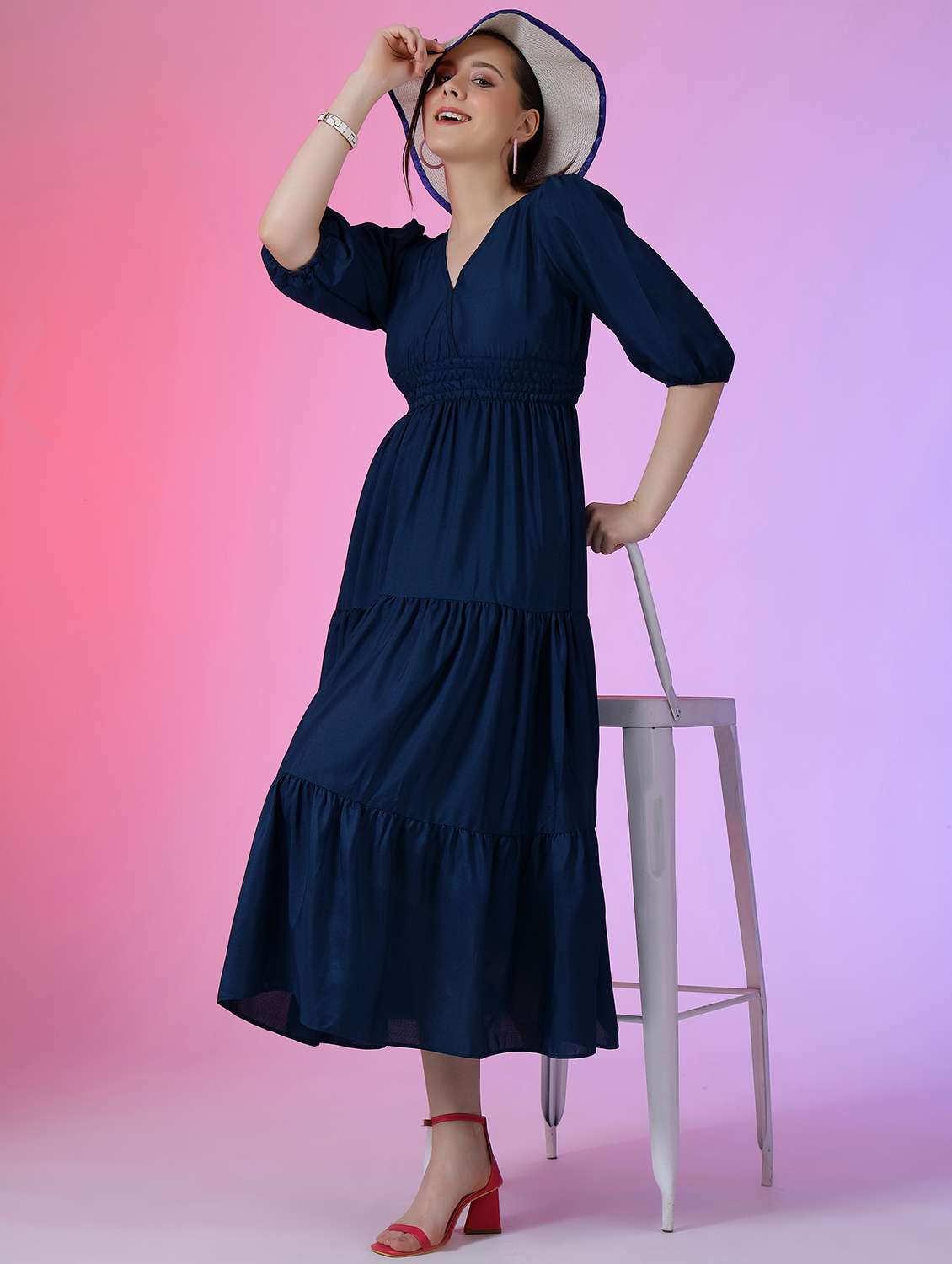 women solid puff sleeve tiered dress - 22051800 - Zoom Image - 0