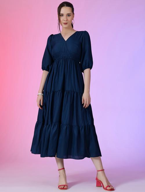 women solid puff sleeve tiered dress - 22051802 -  Standard Image - 0