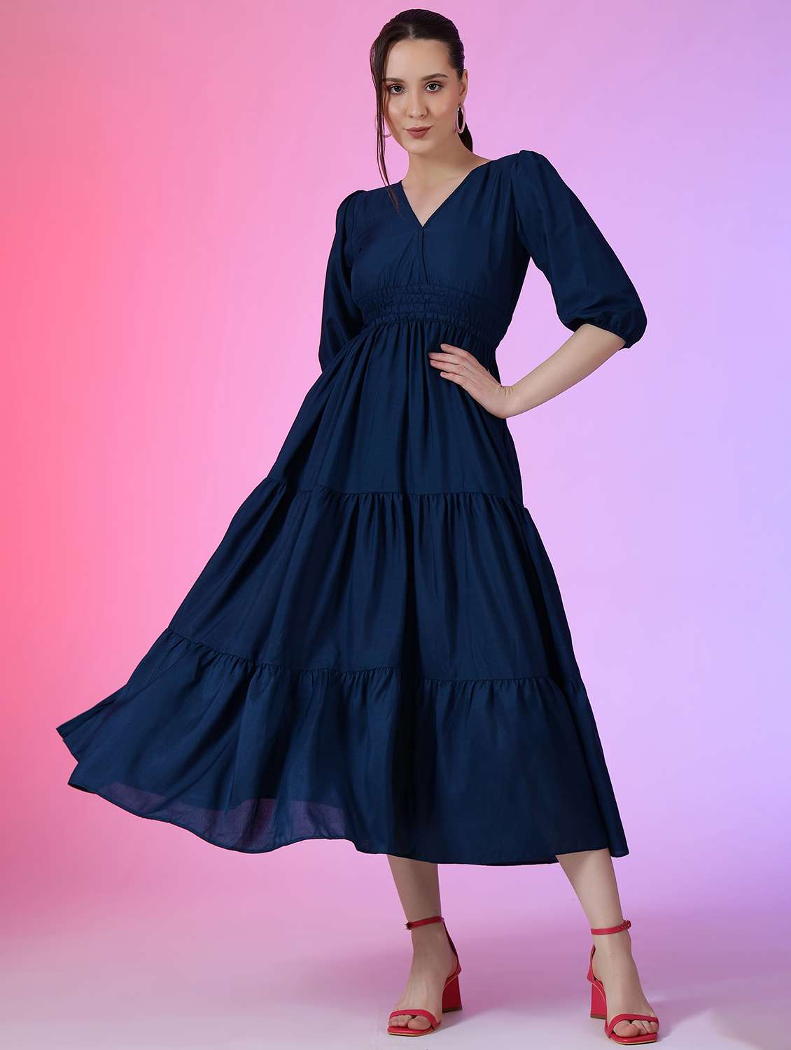women solid puff sleeve tiered dress - 22051804 - Zoom Image - 0