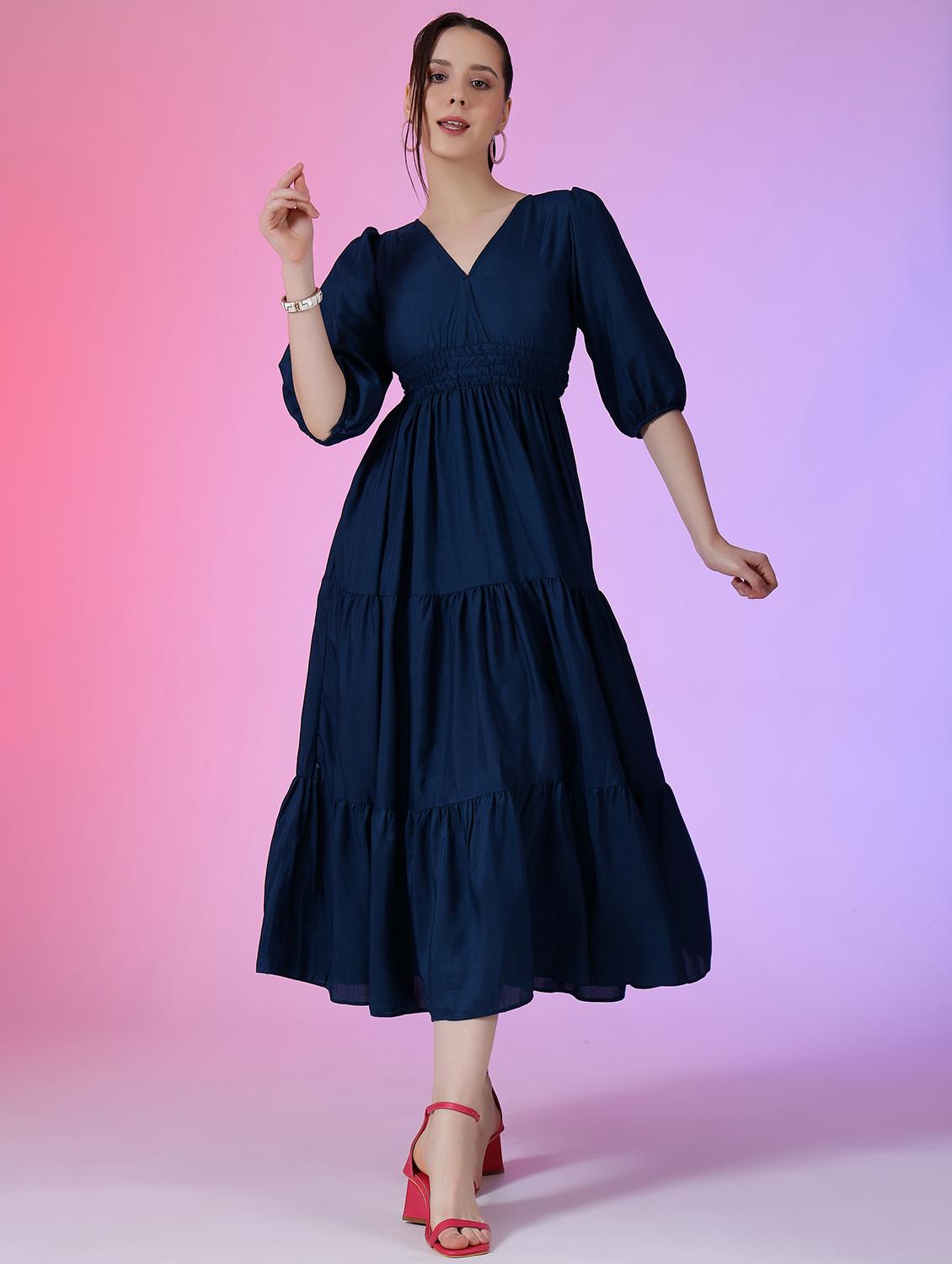 women solid puff sleeve tiered dress - 22051806 - Zoom Image - 0
