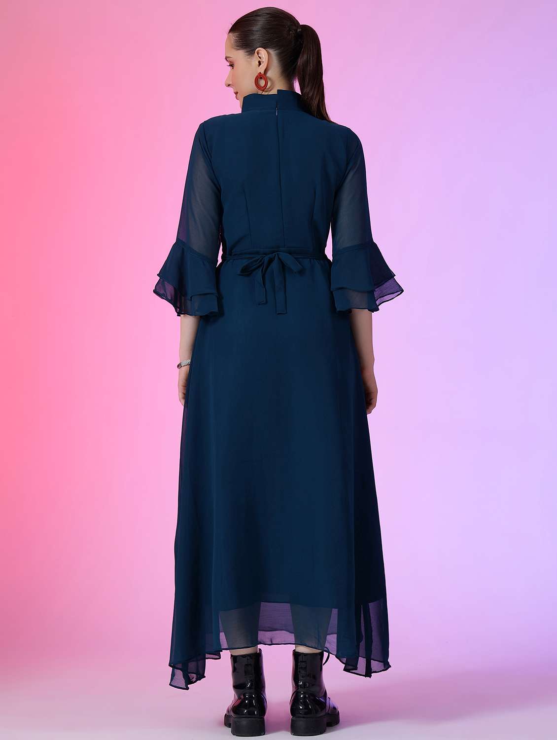 women solid bell sleeve fit & flare dress - 22051809 -  Standard Image - 2