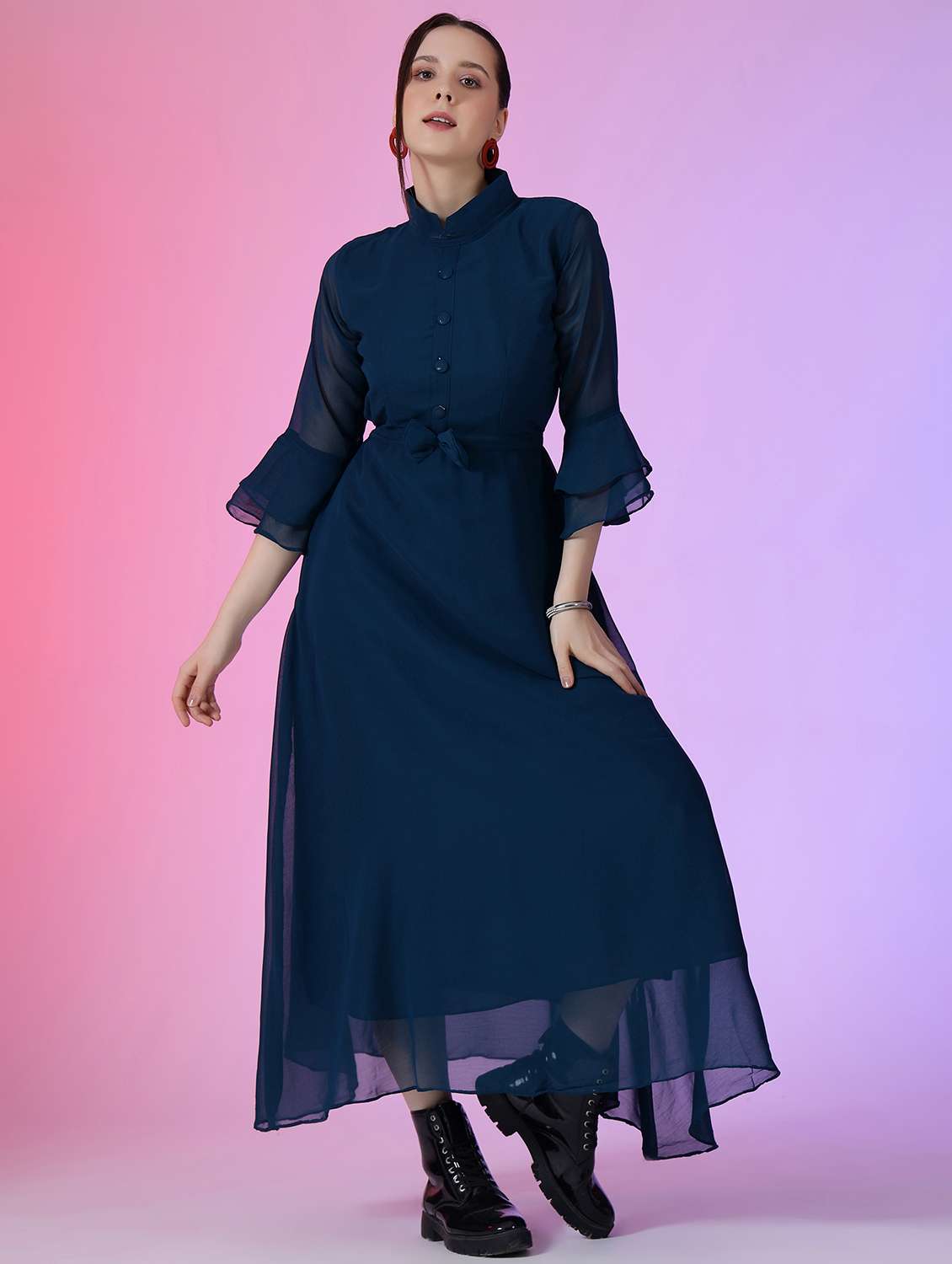 women solid bell sleeve fit & flare dress
