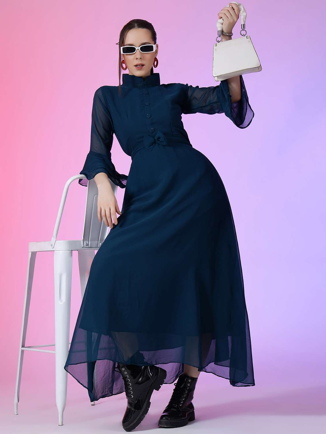 women solid bell sleeve fit & flare dress