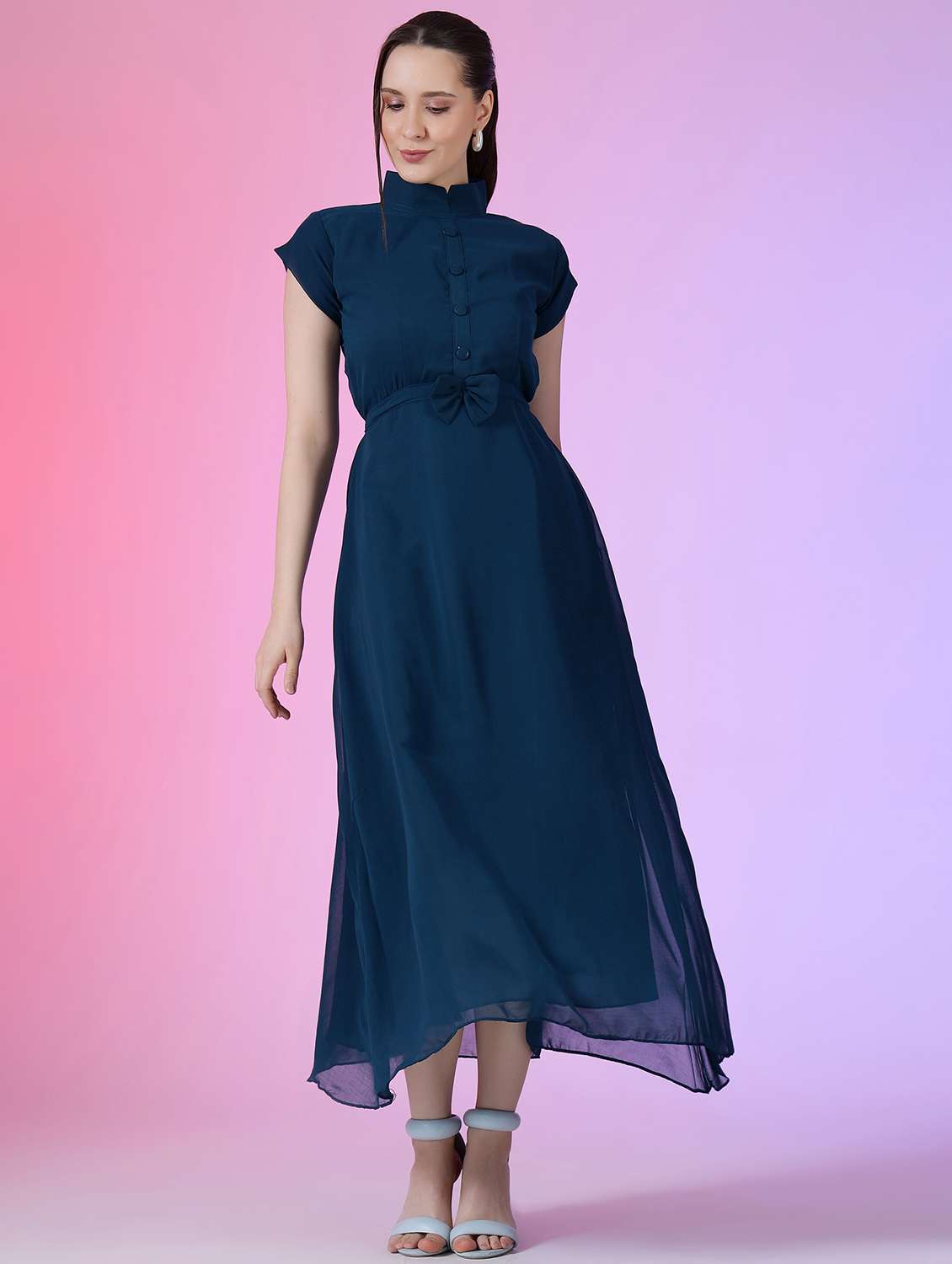 women solid short sleeve fit & flare dress - 22051823 -  Zoom Image - 0