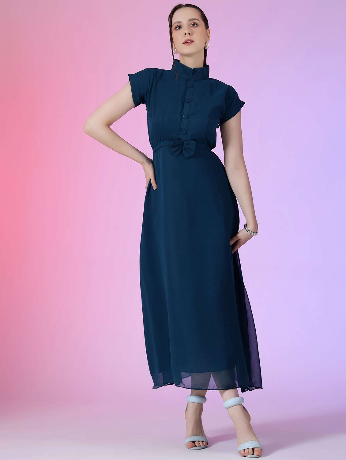 women solid short sleeve fit & flare dress
